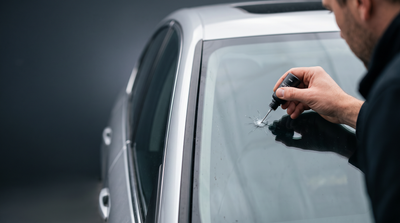 Applying Nestvona GlassFix resin to a stone chip on a car windshield