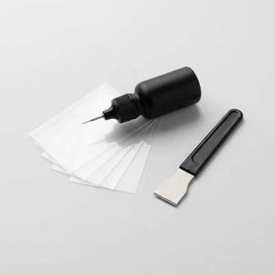 Nestvona GlassFix windshield repair kit: resin applicator, curing films and razor blade