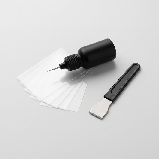 Nestvona GlassFix windshield repair kit: resin applicator, curing films and razor blade